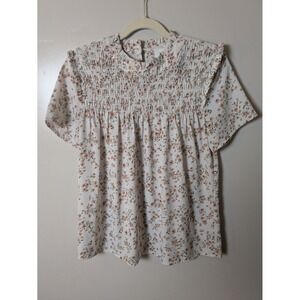 Bohme‎ Women's Size XS White Floral Blouse Smocked Neck Ruffle Sleeve